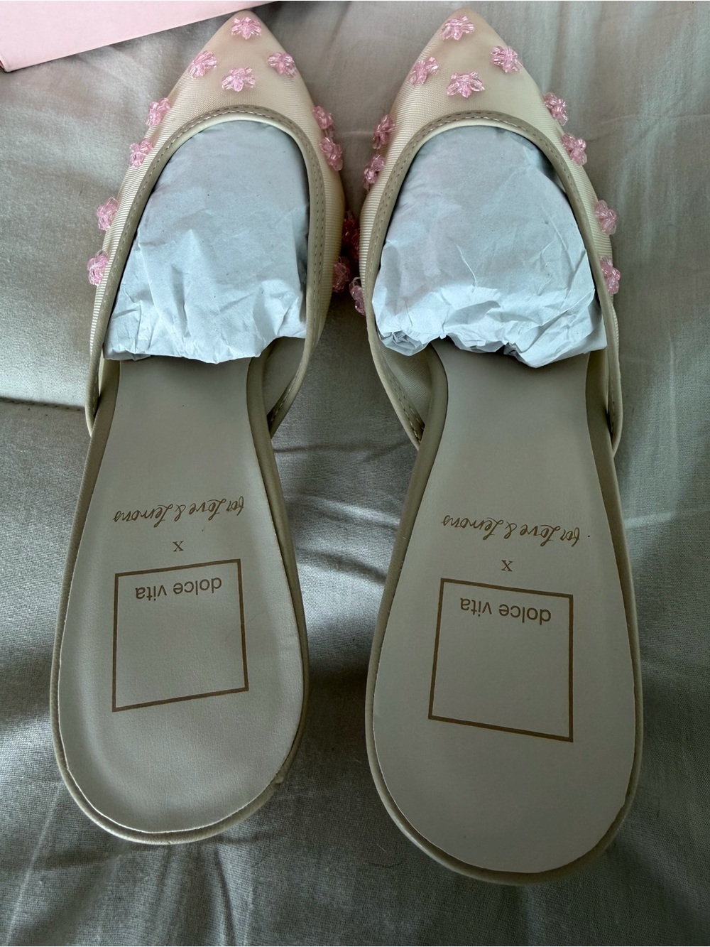 Dolce Vita Cream Pointed Toe Mules with Pink Floral Embroidery - Picture 5 of 6
